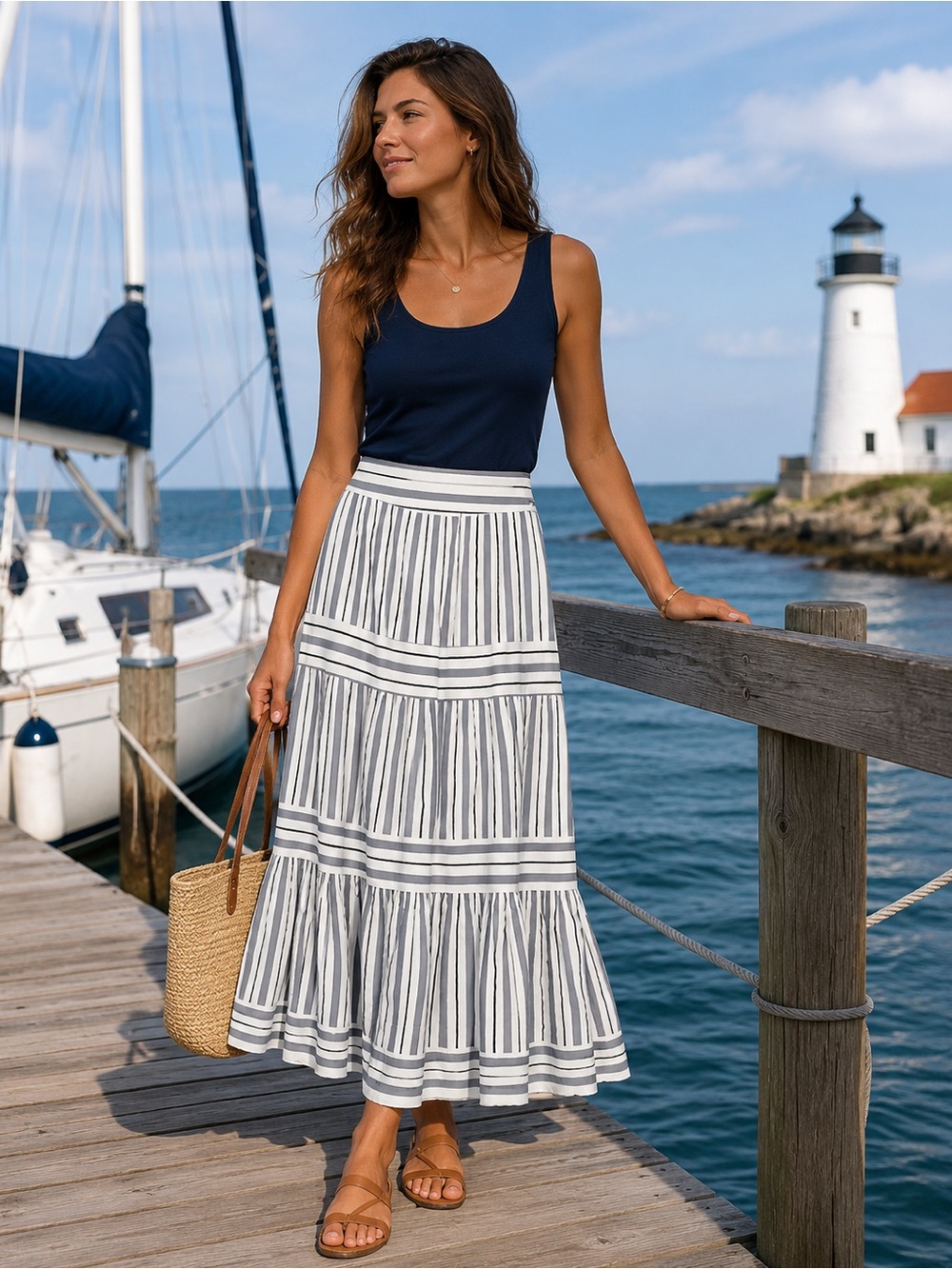 Striped Tiered Maxi Skirt Nautical Coastal Boho Midi Skirt